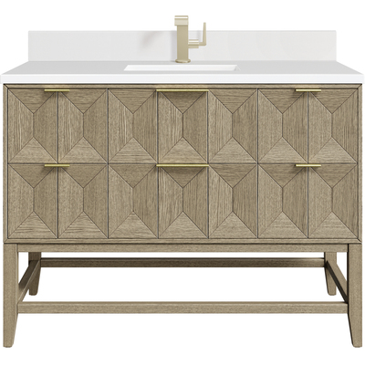 James Martin Emmeline 48 inch Single Vanity, Pebble Oak w/ Single Hole 3 CM White Zeus Quartz Top & Backsplash, 840108974793, D100-V48-PBO-1WZ