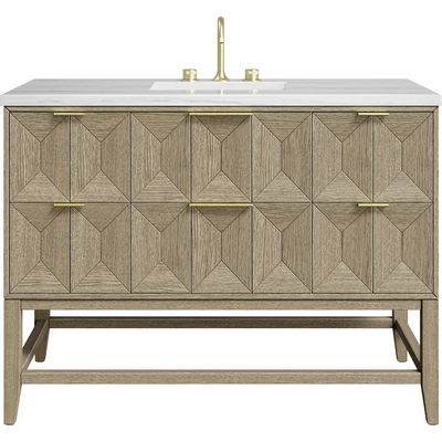 James Martin Emmeline 48 inch Single Vanity, Pebble Oak w/ 3 CM Arctic Fall Solid Surface Top, 840108974700, D100-V48-PBO-3AF