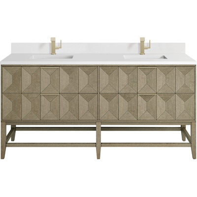 James Martin Emmeline 72 inch Double Vanity, Pebble Oak w/ Single Hole 3 CM White Zeus Top & Backsplash, 840108977268, D100-V72-PBO-1WZ