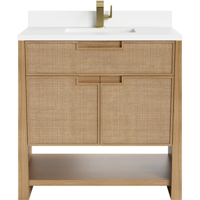 James Martin Solene 36 inch Single Vanity, Seaside Oak, w/ Single Hole 3 CM White Zeus Quartz Top & Backsplash, 840467804397, D225-V36-SSO-1WZ