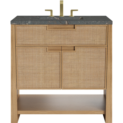 James Martin Solene 36 inch Single Vanity, Seaside Oak, w/ 3 CM Parisien Bleu Quartz Top, 840467804489, D225-V36-SSO-3PBL