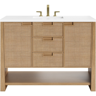 James Martin Solene 48 inch Single Vanity, Seaside Oak, w/ 3 CM White Zeus Quartz Top, 840467804601, D225-V48-SSO-3WZ