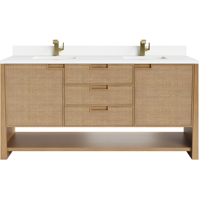James Martin Solene 72 inch Double Vanity, Seaside Oak, w/ Single Hole 3 CM White Zeus Quartz Top & Backsplash, 840467804618, D225-V72-SSO-1WZ
