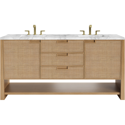 James Martin Solene 72 inch Double Vanity, Seaside Oak, w/ 3 CM Carrara Marble Top, 840467804632, D225-V72-SSO-3CAR
