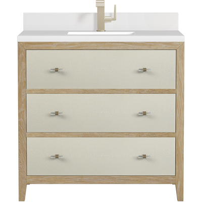 James Martin Celeste 36 inch Single Vanity, Sunwashed Oak with Embossed Shagreen w/ Single Hole 3 CM White Zeus Quartz Top & Backsplash, 840108975202, D604-V36-SHG-1WZ