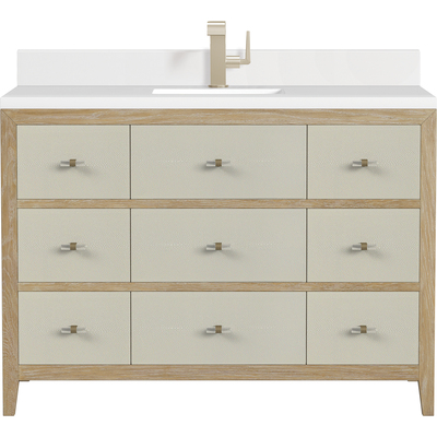 James Martin Celeste 48 inch Single Vanity, Sunwashed Oak with Embossed Shagreen w/ Single Hole 3 CM White Zeus Quartz Top & Backsplash, 840108975257, D604-V48-SHG-1WZ