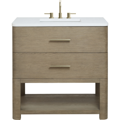 James Martin Lucian 36 inch Single Vanity, Pebble Oak w/ 3 CM White Zeus Silestone Widespread Top, 840467813306, D704-V36-PBO-WWZ