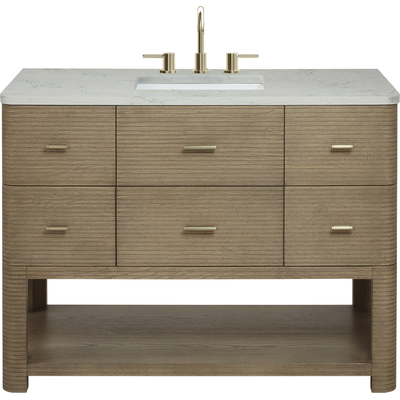 James Martin Lucian 48 inch Single Vanity, Pebble Oak w/ 3 CM Victorian Silver Silestone Top w/ FreePower Wireless Charger, 840467808135, D704-V48-PBO-FVSL