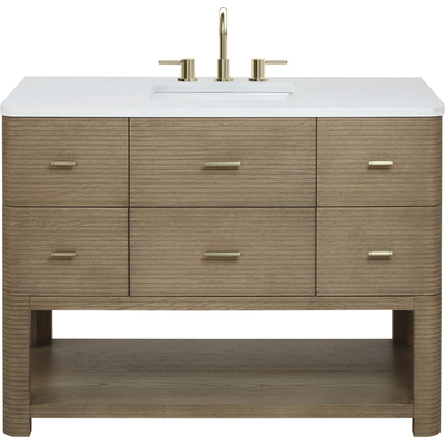 James Martin Lucian 48 inch Single Vanity, Pebble Oak w/ 3 CM White Zeus Silestone Widespread Top, 840467813344, D704-V48-PBO-WWZ