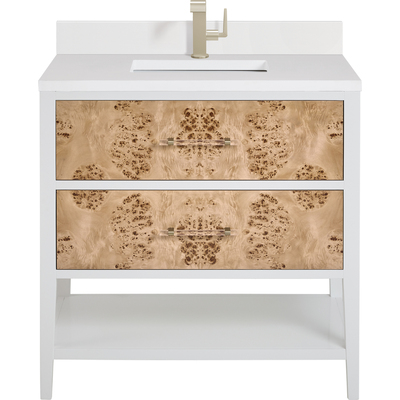 James Martin Olena 36 inch Single Vanity, Light Mappa Burl and Polished White w/ Single Hole 3 CM White Zeus Quartz Top & Backsplash, 840108975424, D804-V36-LMB-1WZ