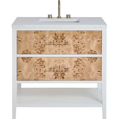 James Martin Olena 36 inch Single Vanity, Light Mappa Burl and Polished White w/ 3 CM White Zeus Quartz Top, 840108975417, D804-V36-LMB-3WZ