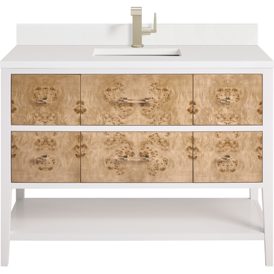 James Martin Olena 48 inch Single Vanity, Light Mappa Burl and Polished White w/ Single Hole 3 CM White Zeus Quartz Top & Backsplash, 840108975448, D804-V48-LMB-1WZ