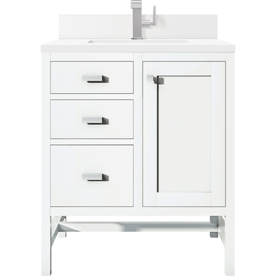 James Martin Addison 30 inch Single Vanity, Glossy White w/ Single Hole 3 CM White Zeus Quartz Top & Backsplash, 840108975738, E444-V30-GW-1WZ
