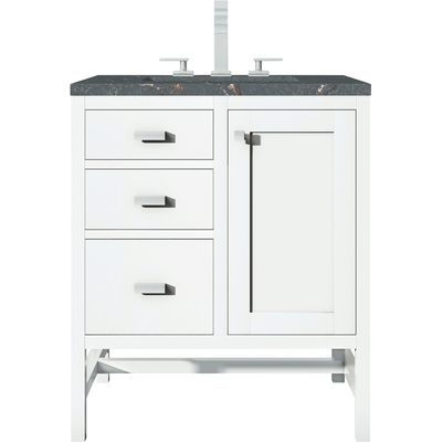 James Martin Addison 30 inch Single Vanity, Glossy White w/ 3 CM Parisien Bleu Quartz Top, 840108968518, E444-V30-GW-3PBL