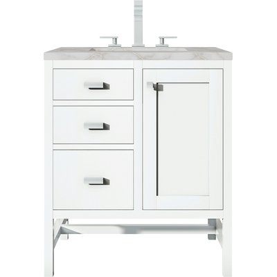 James Martin Addison 30 inch Single Vanity, Glossy White w/ 3 CM Victorian Silver Quartz Top, 840108966958, E444-V30-GW-3VSL