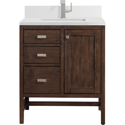 James Martin Addison 30 inch Single Vanity, Mid-Century Acacia w/ Single Hole 3 CM White Zeus Quartz Top & Backsplash, 840108975745, E444-V30-MCA-1WZ