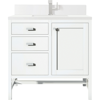 James Martin Addison 36 inch Single Vanity, Glossy White w/ Single Hole 3 CM White Zeus Quartz Top & Backsplash, 840108976087, E444-V36-GW-1WZ