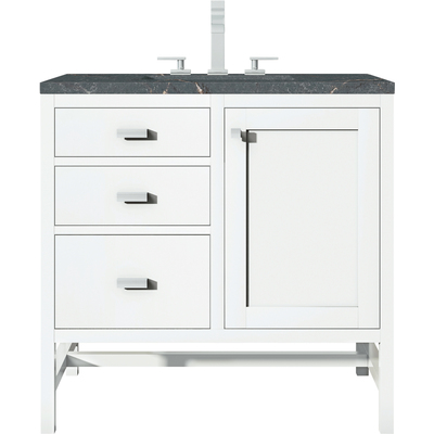James Martin Addison 36 inch Single Vanity, Glossy White w/ 3 CM Parisien Bleu Quartz Top, 840108968532, E444-V36-GW-3PBL