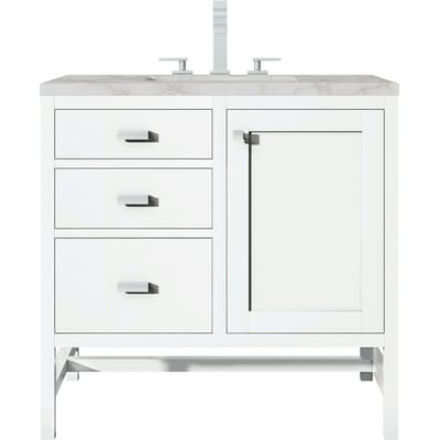 James Martin Addison 36 inch Single Vanity, Glossy White w/ 3 CM Victorian Silver Quartz Top, 840108966972, E444-V36-GW-3VSL