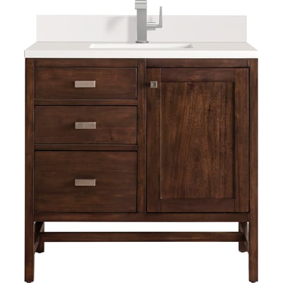 James Martin Addison 36 inch Single Vanity, Mid-Century Acacia w/ Single Hole 3 CM White Zeus Quartz Top & Backsplash, 840108976094, E444-V36-MCA-1WZ