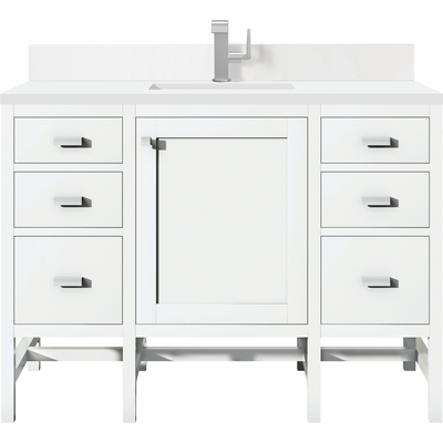 James Martin Addison 48 inch Single Vanity, Glossy White w/ Single Hole 3 CM White Zeus Quartz Top & Backsplash, 840108976438, E444-V48-GW-1WZ