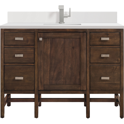 James Martin Addison 48 inch Single Vanity, Mid-Century Acacia w/ Single Hole 3 CM White Zeus Quartz Top & Backsplash, 840108976445, E444-V48-MCA-1WZ