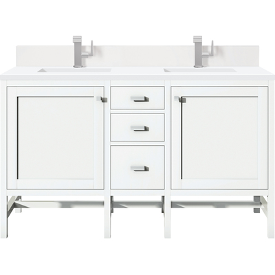James Martin Addison 60 inch Double Vanity, Glossy White w/ Single Hole 3 CM White Zeus Quartz Top & Backsplash, 840108976698, E444-V60D-GW-1WZ