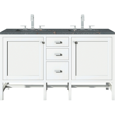James Martin Addison 60 inch Double Vanity, Glossy White w/ 3 CM Parisien Bleu Quartz Top, 840108968570, E444-V60D-GW-3PBL