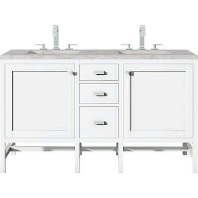James Martin Addison 60 inch Double Vanity, Glossy White w/ 3 CM Victorian Silver Quartz Top, 840108967016, E444-V60D-GW-3VSL