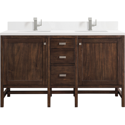 James Martin Addison 60 inch Double Vanity, Mid-Century Acacia w/ Single Hole 3 CM White Zeus Quartz Top & Backsplash, 840108976704, E444-V60D-MCA-1WZ