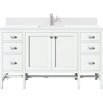James Martin Addison 60 inch Single Vanity, Glossy White w/ Single Hole 3 CM White Zeus Quartz Top & Backsplash, 840108976957, E444-V60S-GW-1WZ