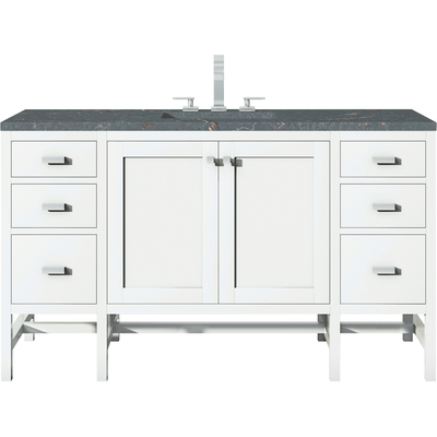 James Martin Addison 60 inch Single Vanity, Glossy White w/ 3 CM Parisien Bleu Quartz Top, 840108968594, E444-V60S-GW-3PBL