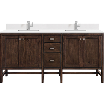James Martin Addison 72 inch Double Vanity, Mid-Century Acacia w/ Single Hole 3 CM White Zeus Quartz Top & Backsplash, 840108977299, E444-V72-MCA-1WZ