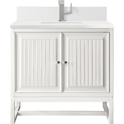 James Martin Athens 30 inch Single Vanity, Glossy White w/ Single Hole 3 CM White Zeus Quartz Top & Backsplash, 840108975752, E645-V30-GW-1WZ