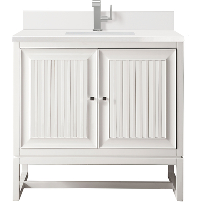 James Martin Athens 36 inch Single Vanity, Glossy White w/ Single Hole 3 CM White Zeus Quartz Top & Backsplash, 840108976100, E645-V36-GW-1WZ