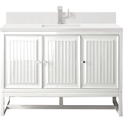 James Martin Athens 48 inch Single Vanity, Glossy White w/ Single Hole 3 CM White Zeus Quartz Top & Backsplash, 840108976452, E645-V48-GW-1WZ