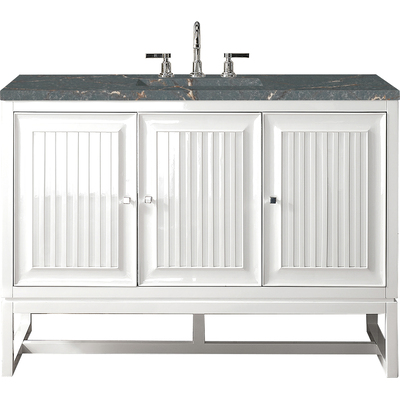 James Martin Athens 48 inch Single Vanity, Glossy White w/ 3 CM Parisien Bleu Quartz Top, 840108968679, E645-V48-GW-3PBL