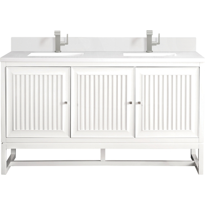James Martin Athens 60 inch Double Vanity, Glossy White w/ Single Hole 3 CM White Zeus Quartz Top & Backsplash, 840108976711, E645-V60D-GW-1WZ