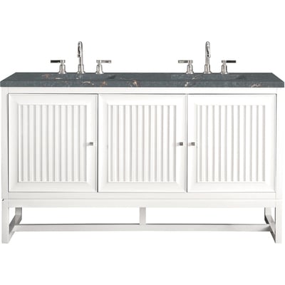 James Martin Athens 60 inch Double Vanity, Glossy White w/ 3 CM Parisien Bleu Quartz Top, 840108968693, E645-V60D-GW-3PBL