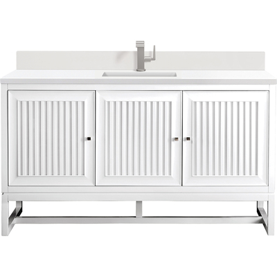 James Martin Athens 60 inch Single Vanity, Glossy White w/ Single Hole 3 CM White Zeus Quartz Top & Backsplash, 840108976971, E645-V60S-GW-1WZ