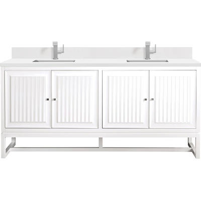 James Martin Athens 72 inch Double Vanity, Glossy White w/ Single Hole 3 CM White Zeus Quartz Top & Backsplash, 840108977305, E645-V72-GW-1WZ