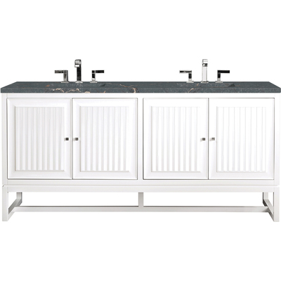 James Martin Athens 72 inch Double Vanity, Glossy White w/ 3 CM Parisien Bleu Quartz Top, 840108968730, E645-V72-GW-3PBL