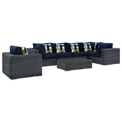 Modway Furniture EEI-2387-GRY-NAV-SET Summon 7 Piece Outdoor Patio Sunbrella® Sectional Set In Canvas Navy