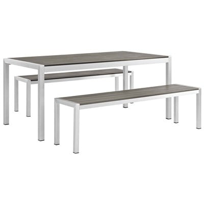 Modway Furniture Shore 3 Piece Outdoor Patio Aluminum Dining Set In Silver Gray EEI-2480-SLV-GRY-SET