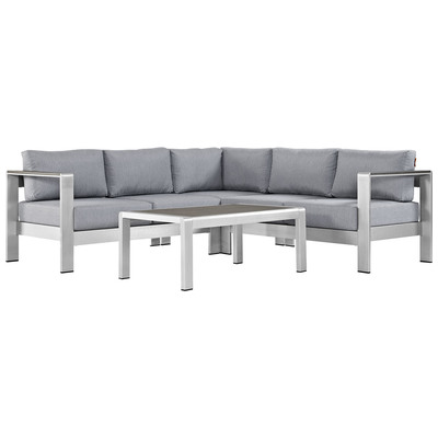 Modway Furniture EEI-2559-SLV-GRY Shore 4 Piece Outdoor Patio Aluminum Sectional Sofa Set In Silver Gray