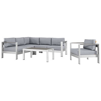 Modway Furniture EEI-2560-SLV-GRY Shore 5 Piece Outdoor Patio Aluminum Sectional Sofa Set In Silver Gray