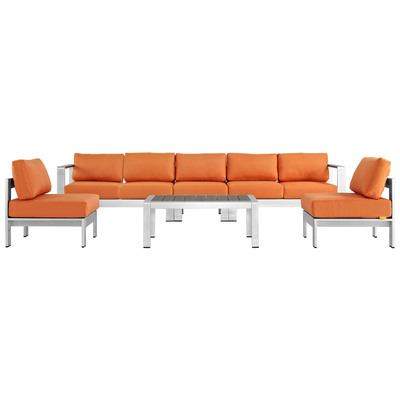Modway Furniture EEI-2565-SLV-ORA Shore 6 Piece Outdoor Patio Aluminum Sectional Sofa Set In Silver Orange