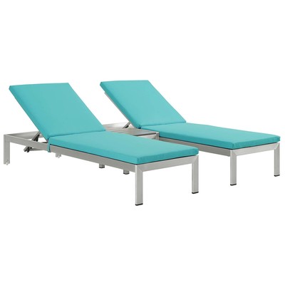 Modway Furniture EEI-2736-SLV-TRQ-SET Shore 3 Piece Outdoor Patio Aluminum Chaise With Cushions In Silver Turquoise