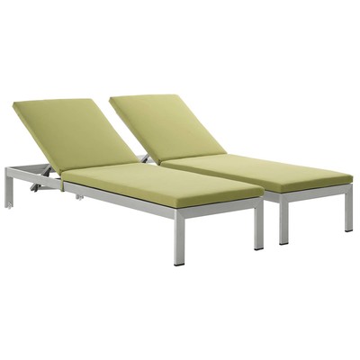 Modway Furniture EEI-2737-SLV-PER-SET Shore Set Of 2 Outdoor Patio Aluminum Chaise With Cushions In Silver Peridot