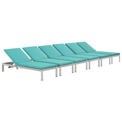 Modway Furniture EEI-2739-SLV-TRQ-SET Shore Set Of 6 Outdoor Patio Aluminum Chaise With Cushions In Silver Turquoise